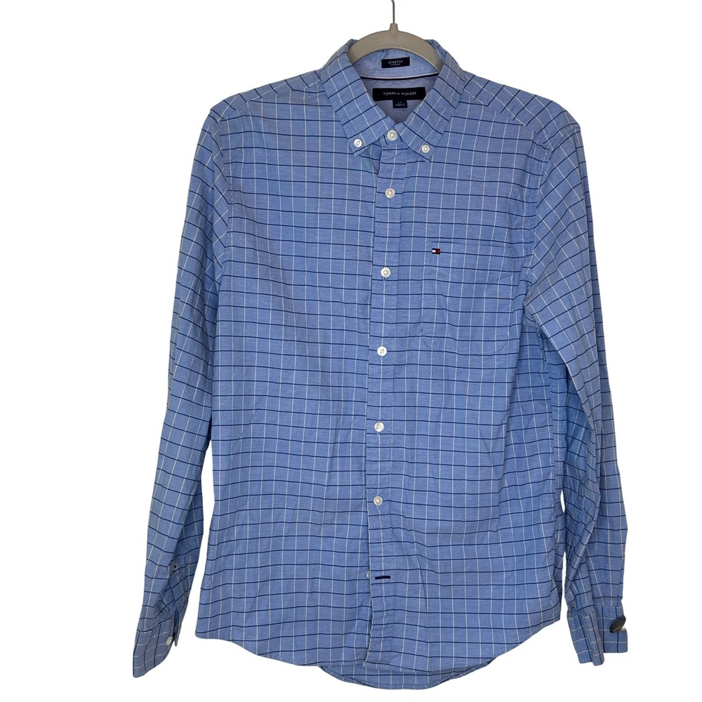 Tommy‎ Hilfiger Mens Stretch Windowpane Check Button Down Shirt Blue Small S/P